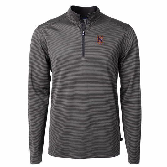 New York Mets Cutter & Buck Virtue Eco Pique Micro Stripe Recycled Quarter-Zip Pullover Top - Black/Gray