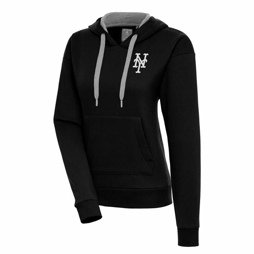New York Mets Antigua Women's Brushed Metallic Victory Pullover Hoodie - Black