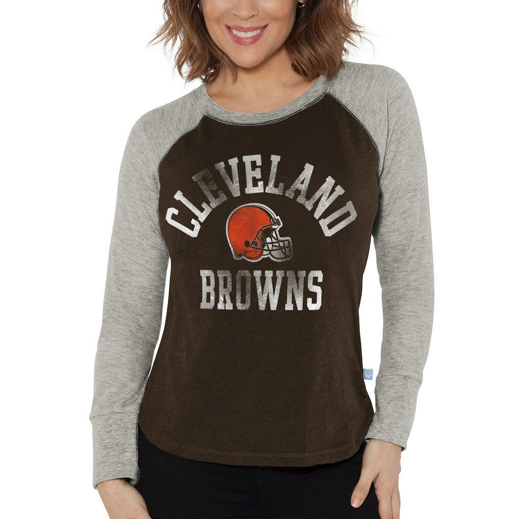 Cleveland Browns G-III 4Her by Carl Banks Women's Waffle Knit Raglan Long Sleeve T-Shirt - Brown/Heather Gray sale