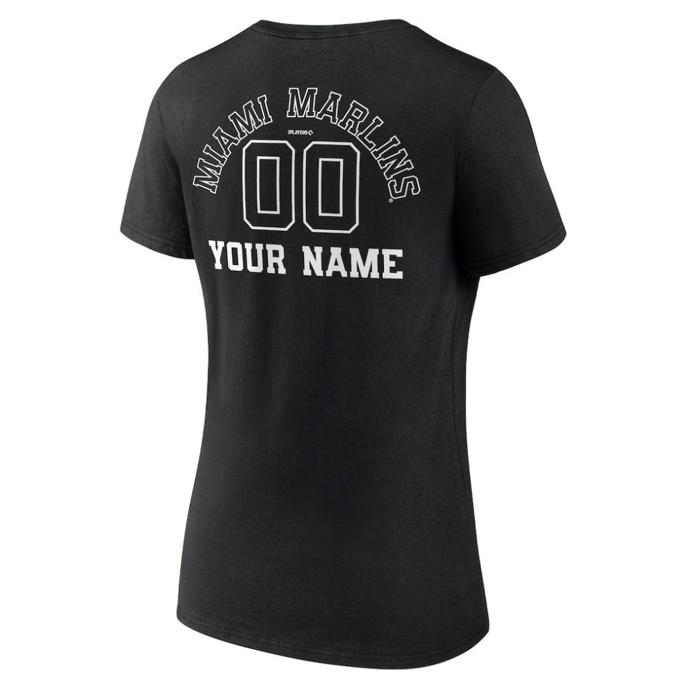 Miami Marlins Women's Monochrome Personalized Name & Number V-Neck T-Shirt - Black
