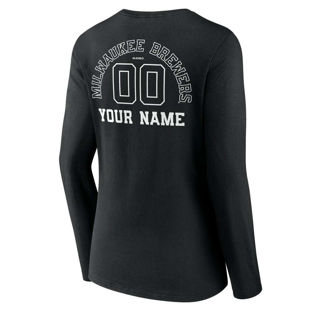 Milwaukee Brewers Women's Monochrome Personalized Name & Number Long Sleeve V-Neck T-Shirt - Black