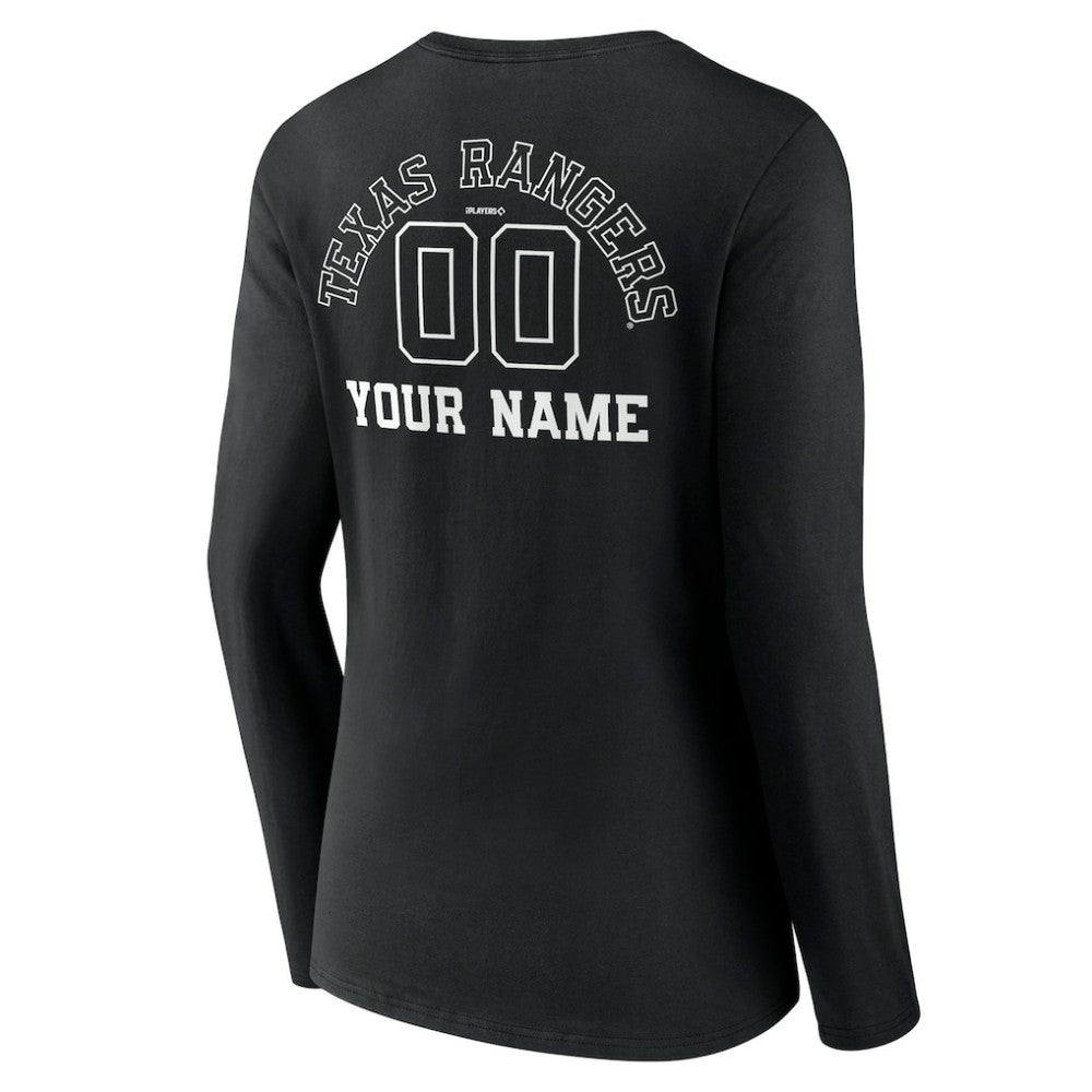 Texas Rangers Women's Monochrome Personalized Name & Number Long Sleeve V-Neck T-Shirt - Black