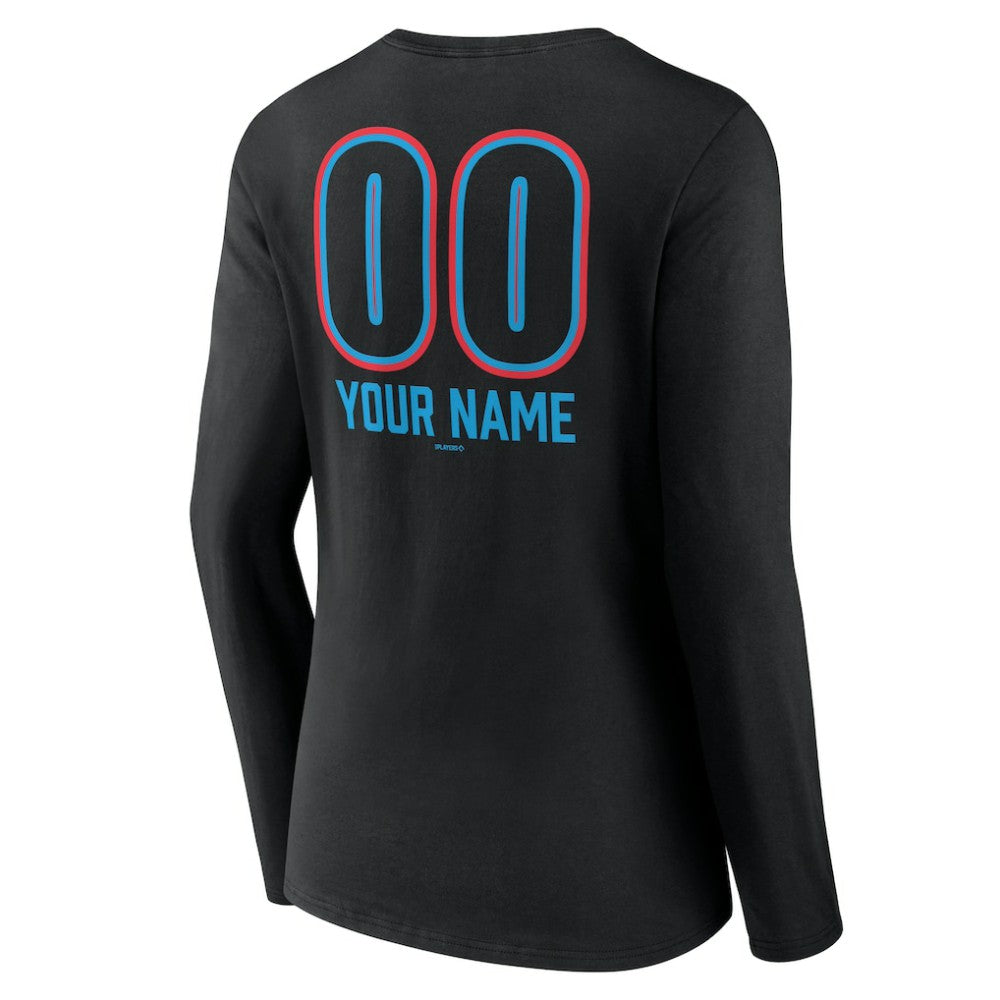 Miami Marlins Women's Personalized Name & Number Fastball Long Sleeve V-Neck T-Shirt - Black