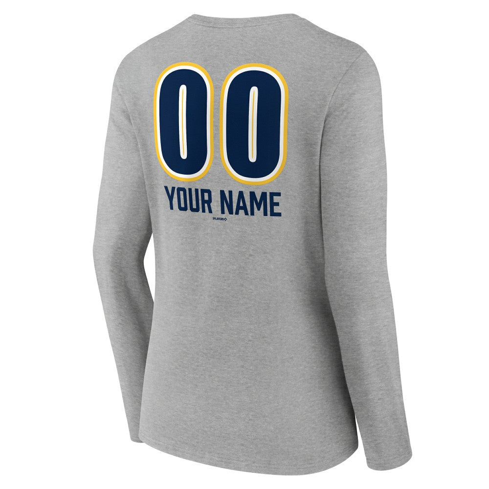 Milwaukee Brewers Women's Personalized Name & Number Fastball Long Sleeve V-Neck T-Shirt - Gray