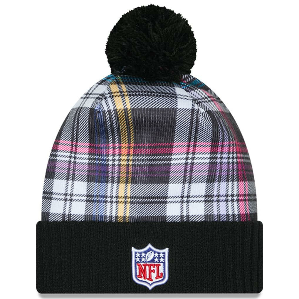 New York Jets New Era Youth 2024 NFL Crucial Catch Plaid Cuffed Pom Knit Hat - Black cheap