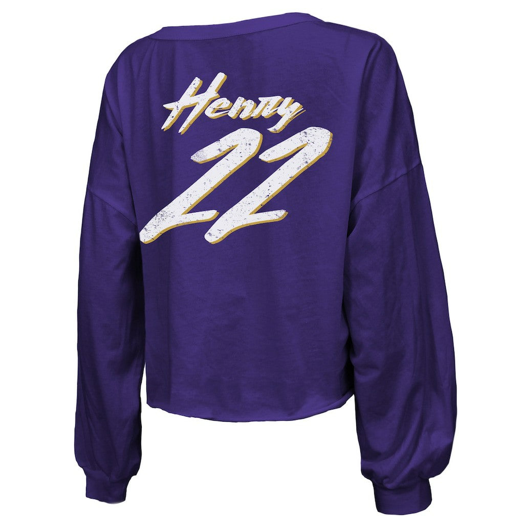 Derrick Henry Baltimore Ravens Majestic Threads Women's Name & Number Off-Shoulder Script Cropped Long Sleeve Relaxed V-Neck T-Shirt - Purple online