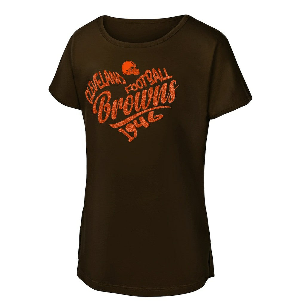 Cleveland Browns Girls Youth Script Heart Dolman T-Shirt - Brown for sale