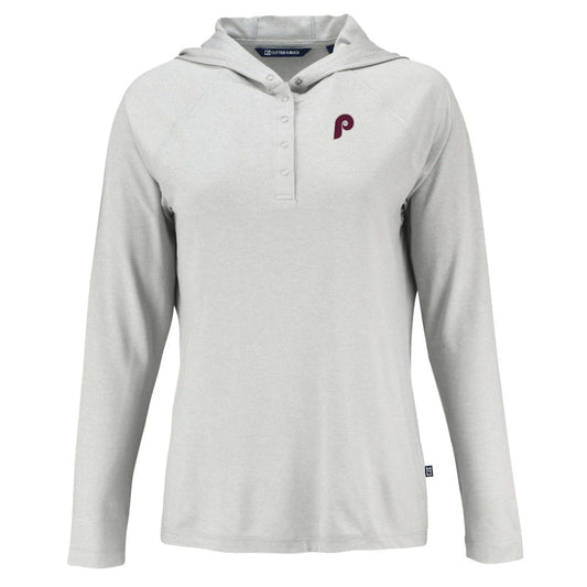 Philadelphia Phillies Cutter & Buck Women's Cooperstown Collection Coastline Epic Comfort Eco Recycled Hoodie Raglan Long Sleeve T-Shirt - Gray