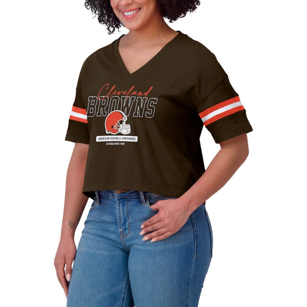Cleveland Browns WEAR by Erin Andrews Women's Color Block Boxy Modest Crop V-Neck T-Shirt - Brown online