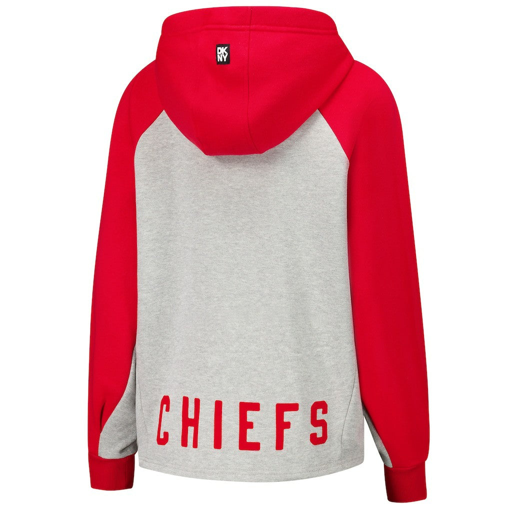 Kansas City Chiefs DKNY Sport Women's Joy Cropped Raglan Pullover Hoodie - Gray/Red for sale