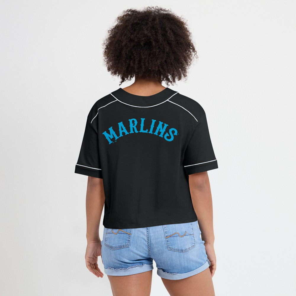 Miami Marlins Women's Oversized Champ Game Cropped V-Neck T-Shirt - Black