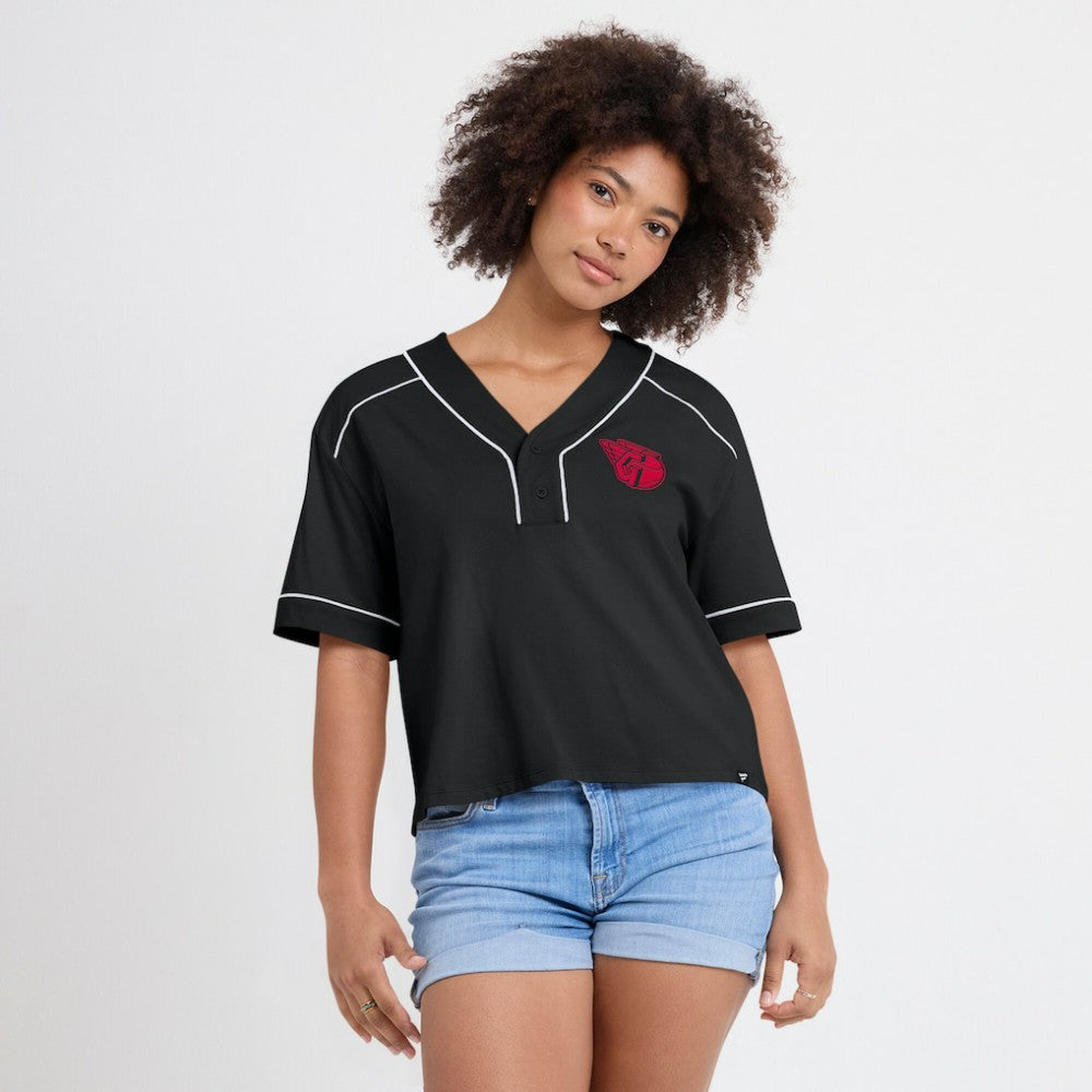 Cleveland Guardians Women's Oversized Champ Game Cropped V-Neck T-Shirt - Black