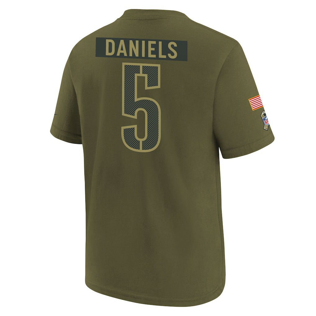 Jayden Daniels Washington Commanders Youth 2025 Salute to Service Name & Number T-Shirt - Olive | Nike for sale