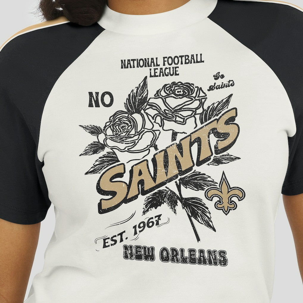 New Orleans Saints WEAR by Erin Andrews Women's Sleeve Stripe Distressed Raglan T-Shirt - White cheap