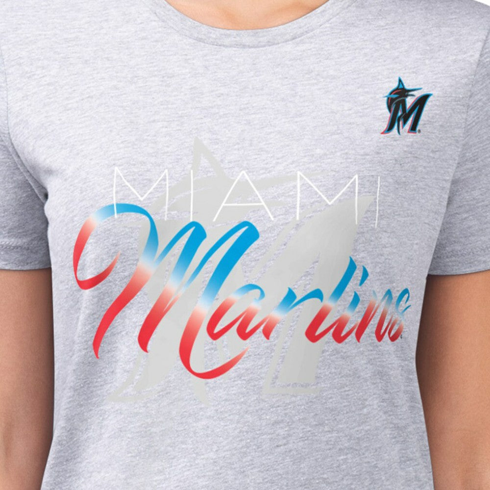 Miami Marlins G-III 4Her by Carl Banks Women's Super-Slim Fit Lightweight Shadow Logo Graphic T-Shirt - Heather Gray