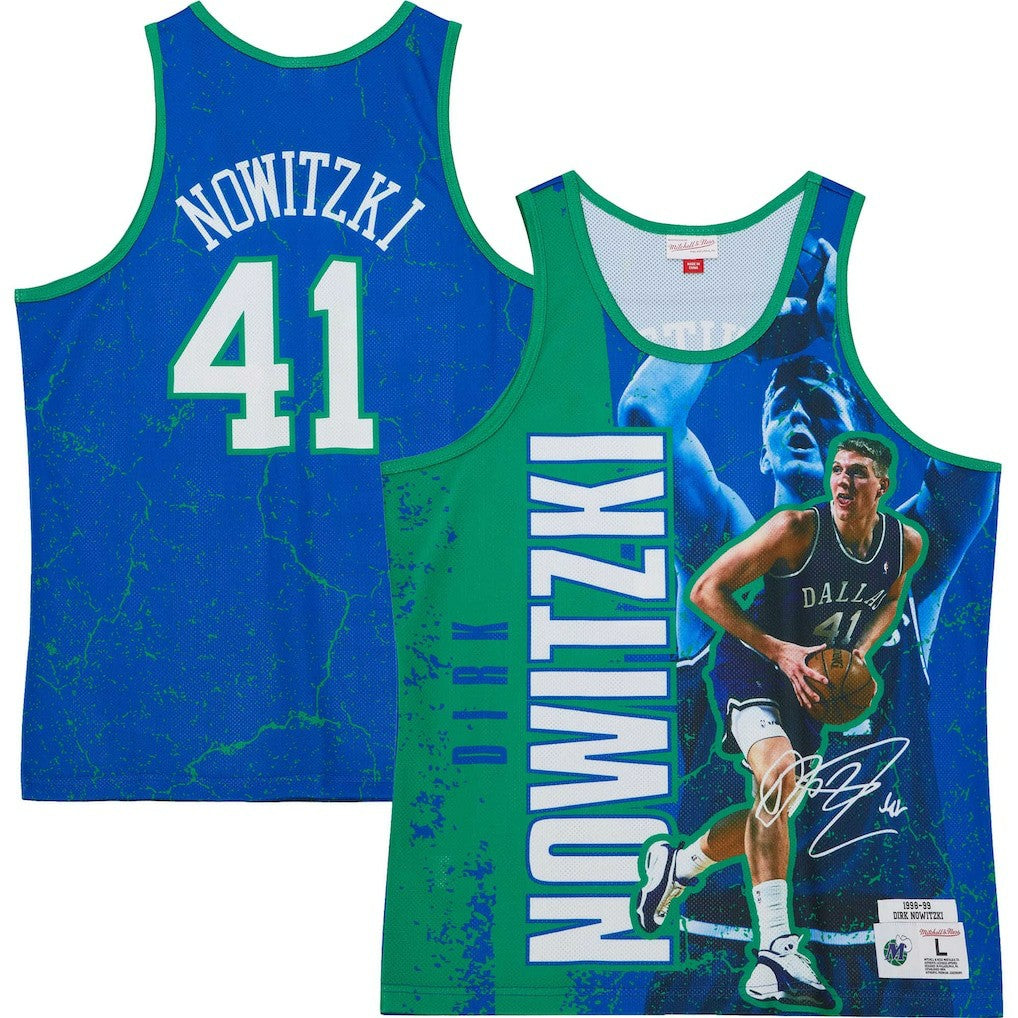 Dirk Nowitzki Dallas Mavericks Hardwood Classics Player Burst Tank Top sale - Blue | Mitchell & Ness online