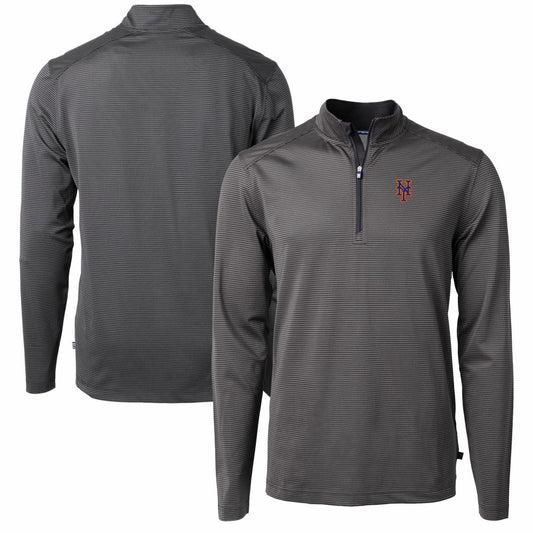 New York Mets Cutter & Buck Virtue Eco Pique Micro Stripe Recycled Quarter-Zip Pullover Top - Black/Gray