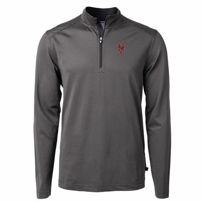 New York Mets Cutter & Buck Virtue Eco Pique Micro Stripe Recycled Quarter-Zip Pullover Top - Black/Gray