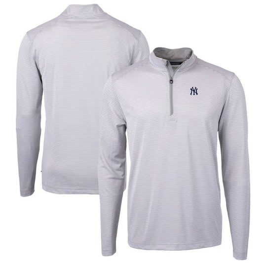 New York Yankees Cutter & Buck Virtue Eco Pique Micro Stripe Big & Tall Recycled Quarter-Zip Pullover Top - Gray/White