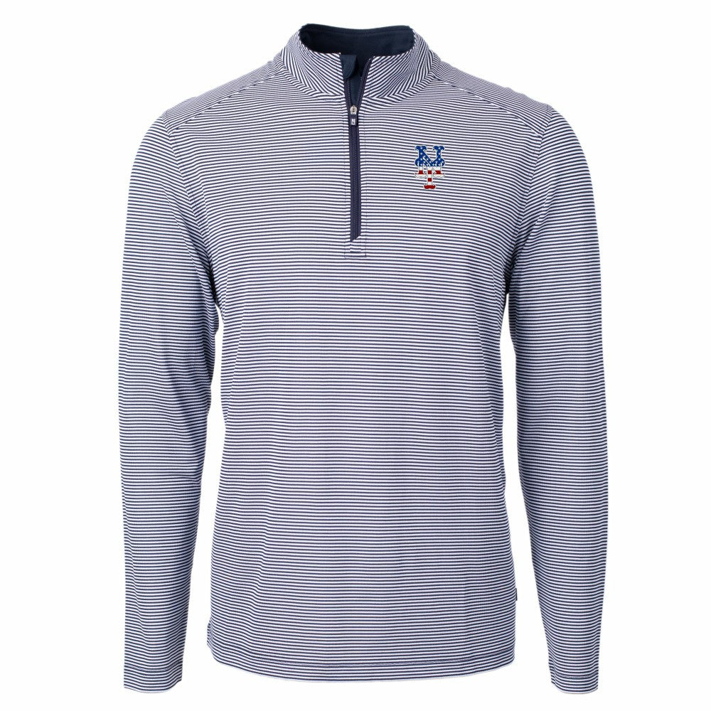 New York Mets Cutter & Buck Americana Logo Virtue Eco Pique Stripe Recycled Quarter-Zip Pullover Top - Navy