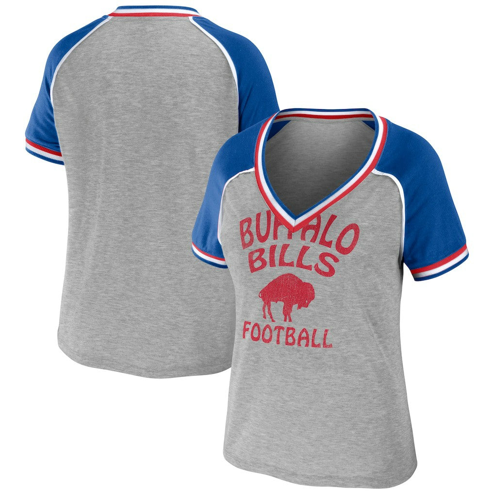 Buffalo Bills WEAR by Erin Andrews Women's Cropped Raglan Throwback V-Neck T-Shirt - Heather Gray online