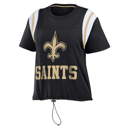 New Orleans Saints WEAR by Erin Andrews Women's Cinched Colorblock T-Shirt - Black for sale