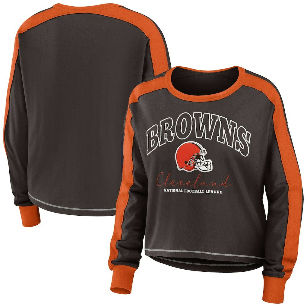 Cleveland Browns WEAR by Erin Andrews Women's Color Block Modest Crop Long Sleeve T-Shirt - Brown/Orange on sale