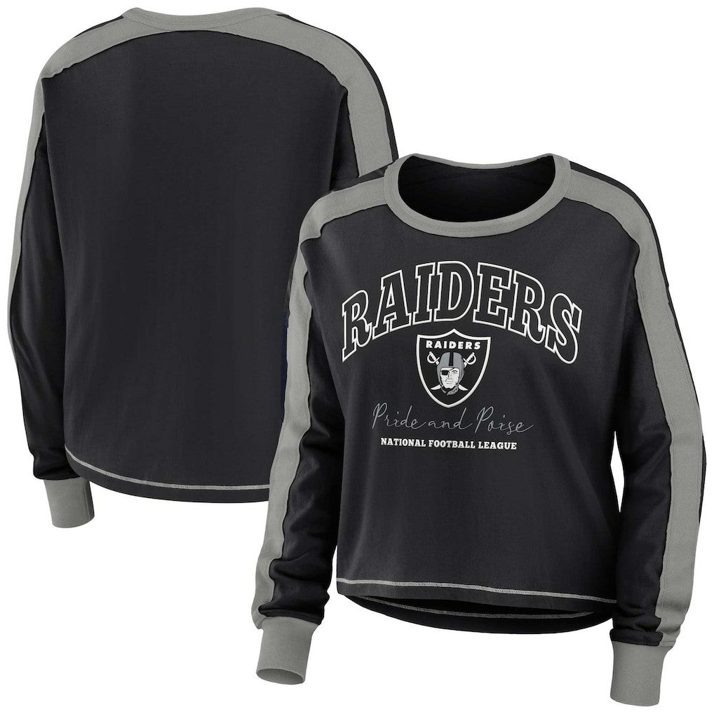 Las Vegas Raiders WEAR by Erin Andrews Women's Color Block Modest Crop Long Sleeve T-Shirt - Black/Silver outlet