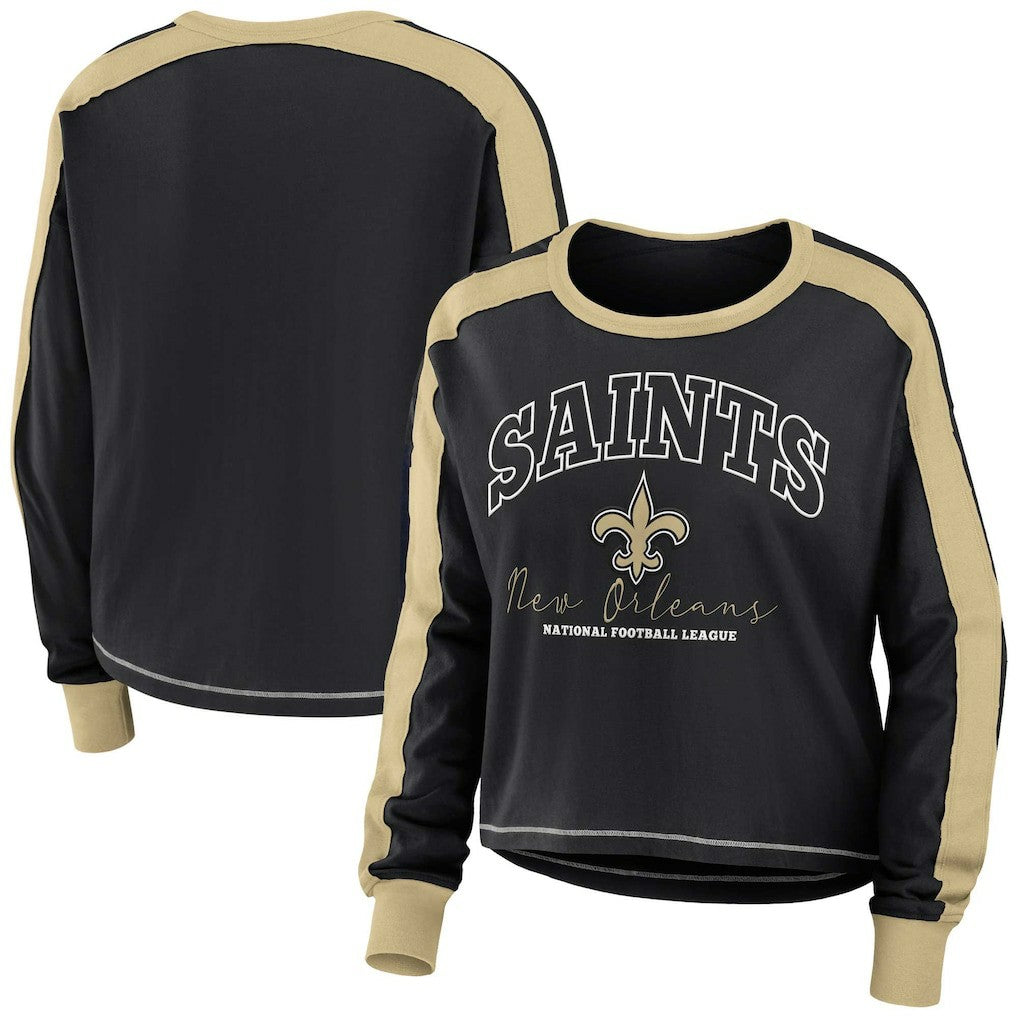 New Orleans Saints WEAR by Erin Andrews Women's Color Block Modest Crop Long Sleeve T-Shirt - Black/Gold cheap