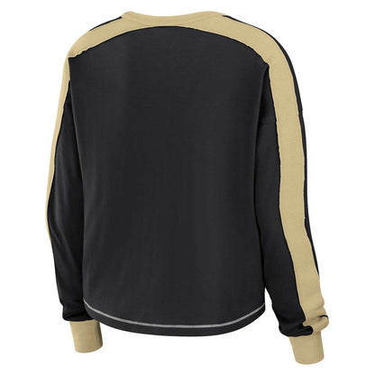 New Orleans Saints WEAR by Erin Andrews Women's Color Block Modest Crop Long Sleeve T-Shirt - Black/Gold cheap
