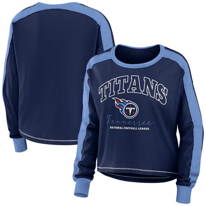Tennessee Titans WEAR by Erin Andrews Women's Color Block Modest Crop Long Sleeve T-Shirt - Navy/Light Blue online