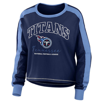 Tennessee Titans WEAR by Erin Andrews Women's Color Block Modest Crop Long Sleeve T-Shirt - Navy/Light Blue online