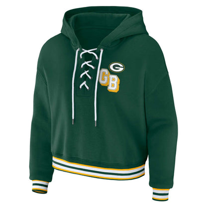 Green Bay Packers WEAR by Erin Andrews Women's Plus Size Lace-Up Pullover Hoodie - Green on sale