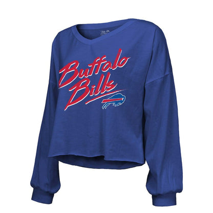 Josh Allen Buffalo Bills Majestic Threads Women's Name & Number Off-Shoulder Script Cropped Long Sleeve Relaxed V-Neck T-Shirt - Royal for sale