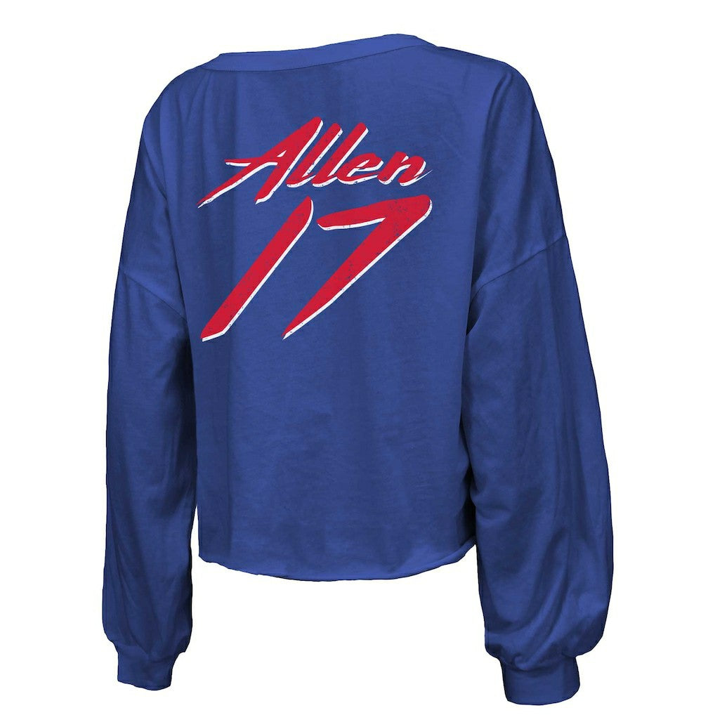 Josh Allen Buffalo Bills Majestic Threads Women's Name & Number Off-Shoulder Script Cropped Long Sleeve Relaxed V-Neck T-Shirt - Royal for sale