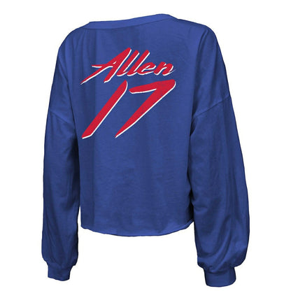Josh Allen Buffalo Bills Majestic Threads Women's Name & Number Off-Shoulder Script Cropped Long Sleeve Relaxed V-Neck T-Shirt - Royal for sale