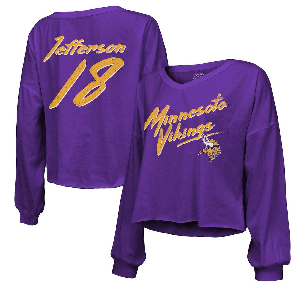 Justin Jefferson Minnesota Vikings Majestic Threads Women's Name & Number Off-Shoulder Script Cropped Long Sleeve V-Neck T-Shirt - Purple on sale