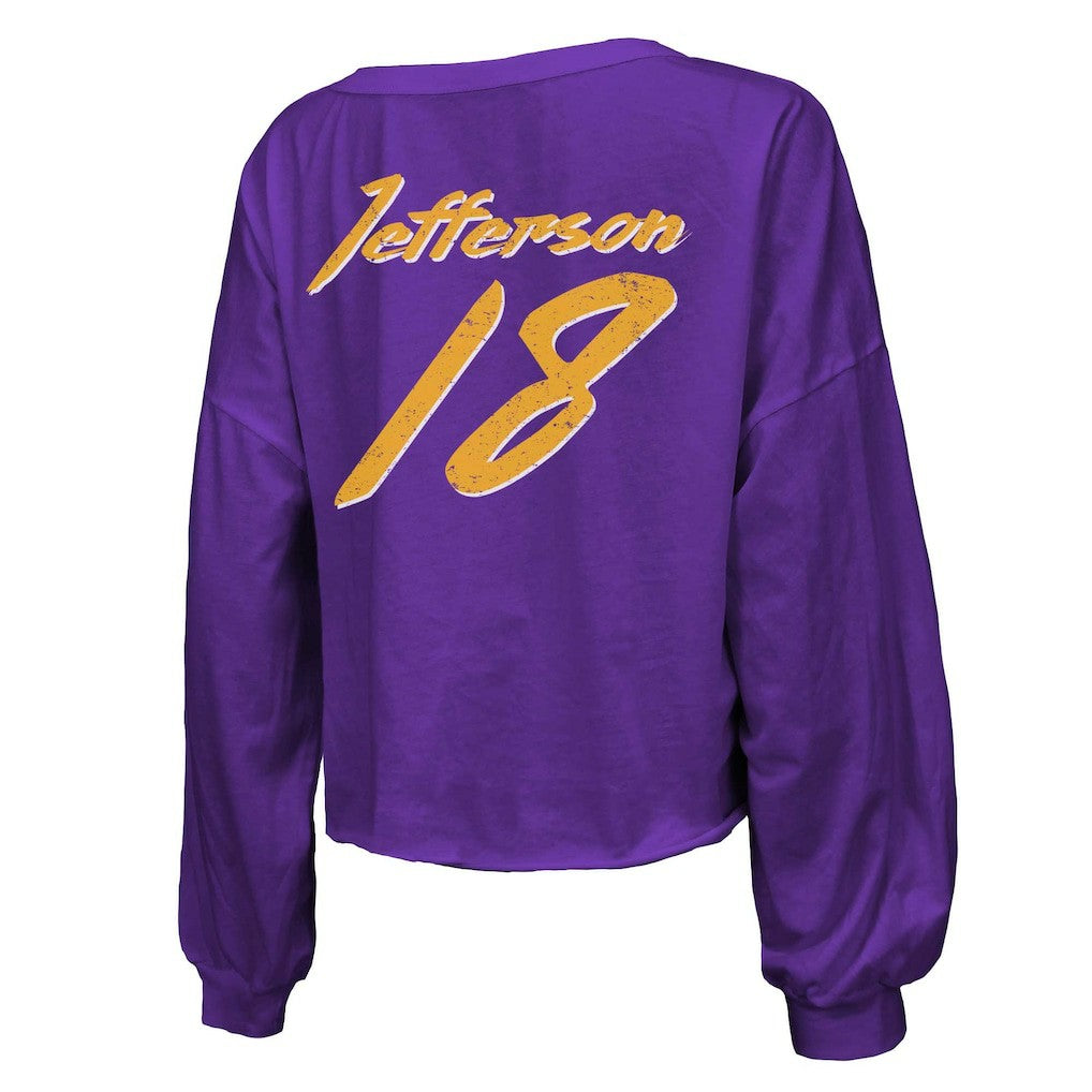 Justin Jefferson Minnesota Vikings Majestic Threads Women's Name & Number Off-Shoulder Script Cropped Long Sleeve V-Neck T-Shirt - Purple on sale