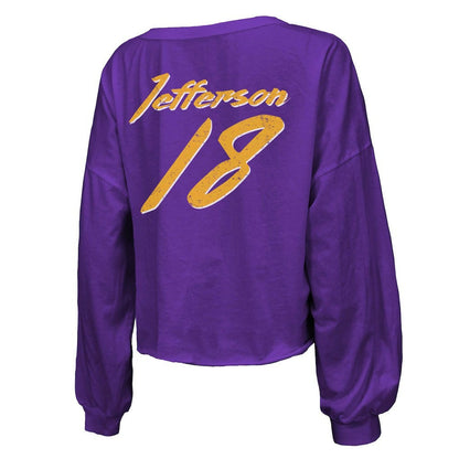 Justin Jefferson Minnesota Vikings Majestic Threads Women's Name & Number Off-Shoulder Script Cropped Long Sleeve V-Neck T-Shirt - Purple on sale