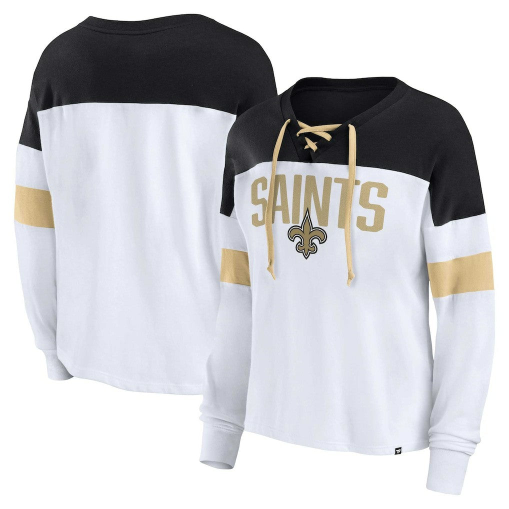 New Orleans Saints Women's Plus Size Even Match Lace-Up Long Sleeve V-Neck Top - White/Black discount