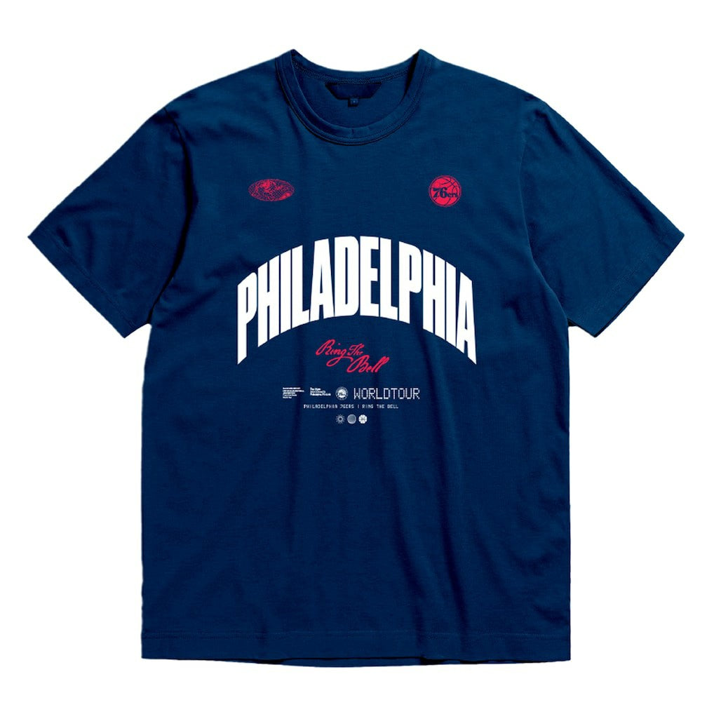 Philadelphia 76ers Bleacher Report x  Unisex World Tour T-Shirt - Navy | Mitchell & Ness for sale