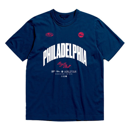 Philadelphia 76ers Bleacher Report x  Unisex World Tour T-Shirt - Navy | Mitchell & Ness for sale