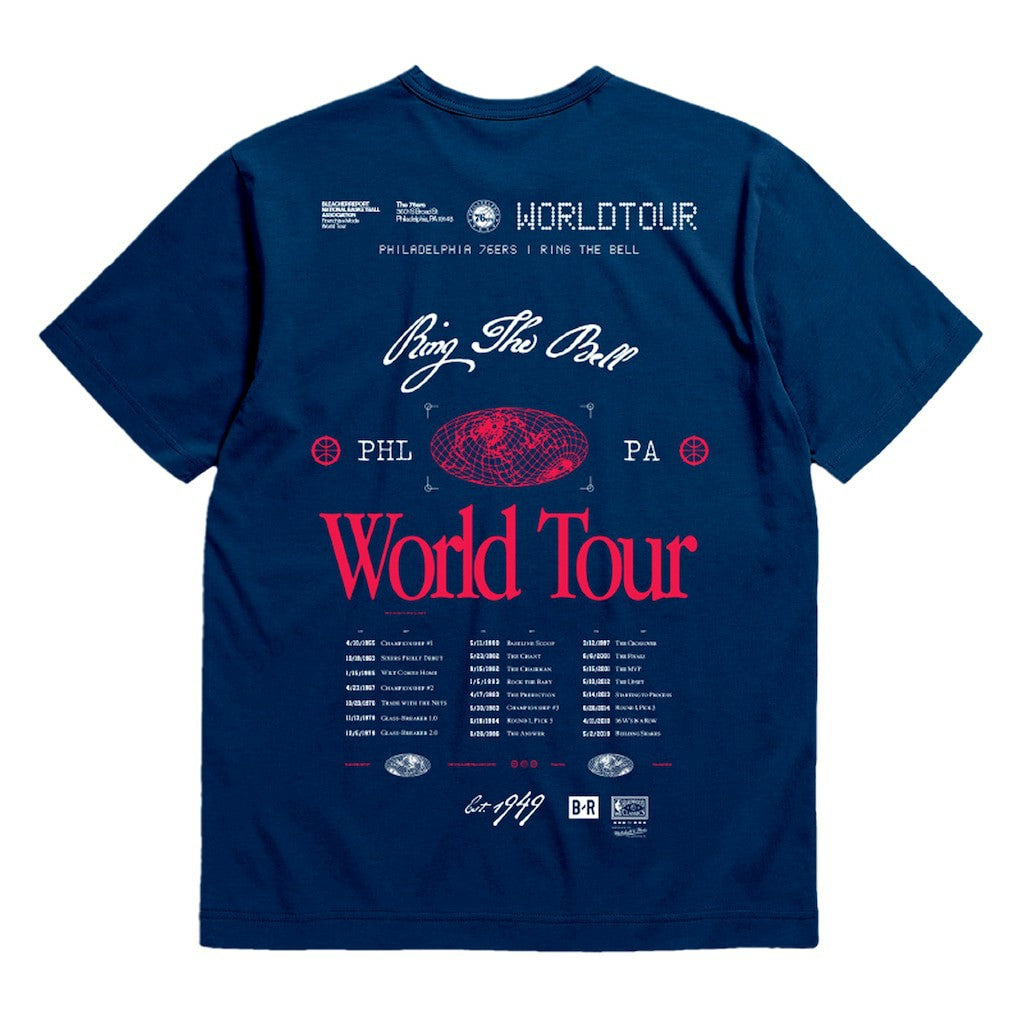 Philadelphia 76ers Bleacher Report x  Unisex World Tour T-Shirt - Navy | Mitchell & Ness for sale