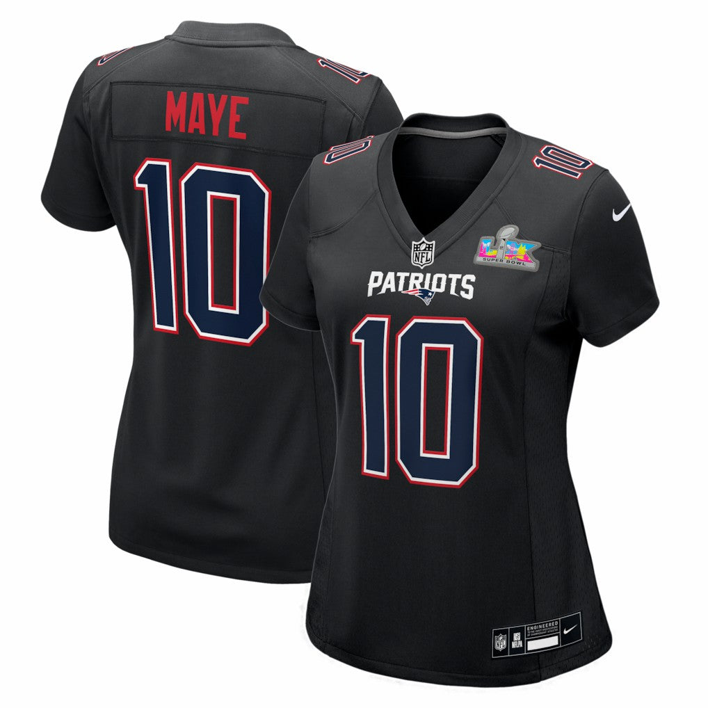 Drake Maye New England Patriots Women's Super Bowl LX Patch Carbon Fashion Game Jersey - Black | Nike on sale