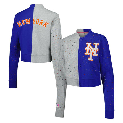 New York Mets Terez Women's Cropped Button-Up Cardigan - Gray/Royal