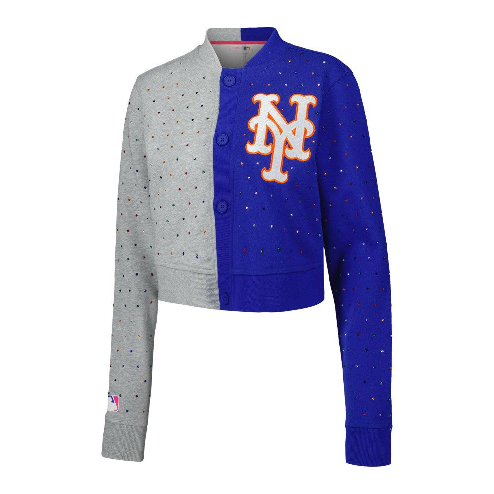 New York Mets Terez Women's Cropped Button-Up Cardigan - Gray/Royal
