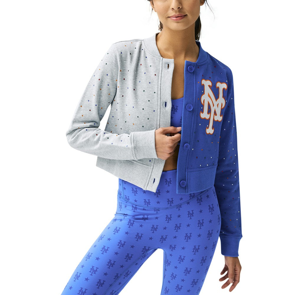 New York Mets Terez Women's Cropped Button-Up Cardigan - Gray/Royal