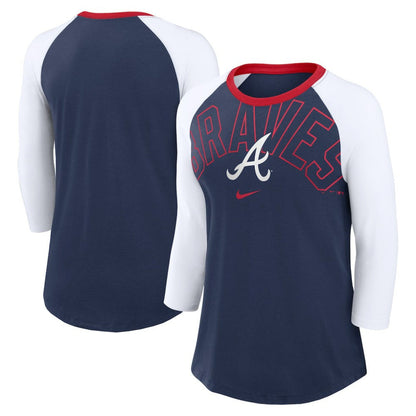Atlanta Braves Women's Knockout Arch 3/4-Sleeve Raglan Tri-Blend T-Shirt - Navy/White | Nike