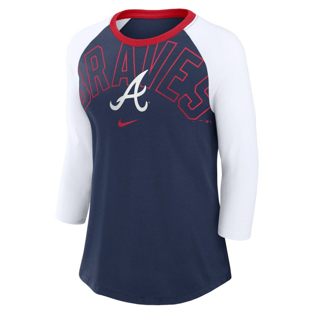 Atlanta Braves Women's Knockout Arch 3/4-Sleeve Raglan Tri-Blend T-Shirt - Navy/White | Nike