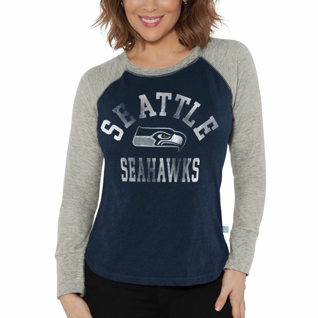 Seattle Seahawks G-III 4Her by Carl Banks Women's Waffle Knit Raglan Long Sleeve T-Shirt - College Navy/Heather Gray cheap